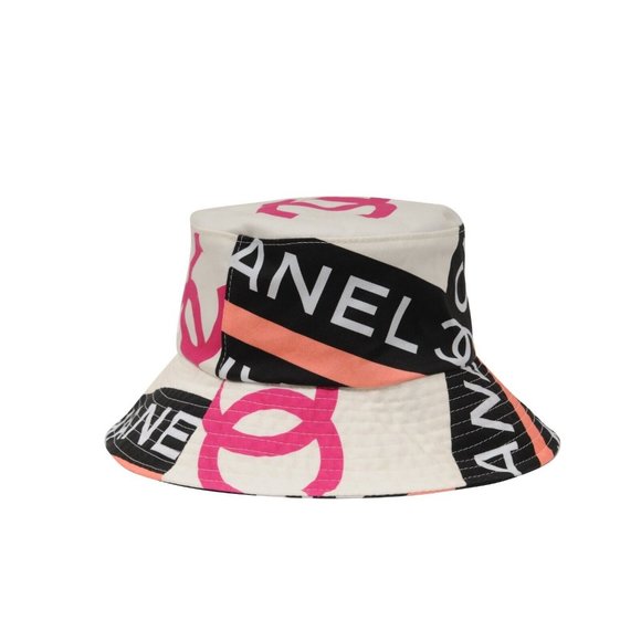 Chanel 22C CC Logo Bucket Hat Small S Pink White Black 100% Cotton Sun Cloche - Picture 7 of 16